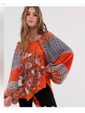 Free People  Positano Orange Patchwork Print Blouse size extra small oversized